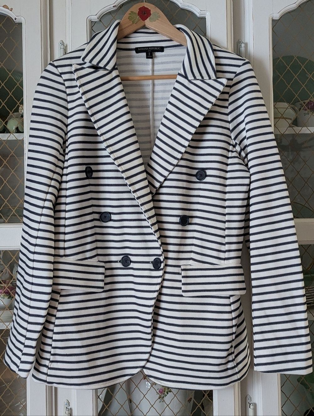 ⚓Banana Republic Navy & White Striped Nautical Double-Breasted Summer Blazer - Picture 4 of 9